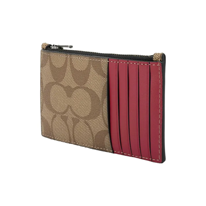 COACH Boxed Canvas With Leather Card Wallet With Keychain Box Women's Dark Brown & Red-3