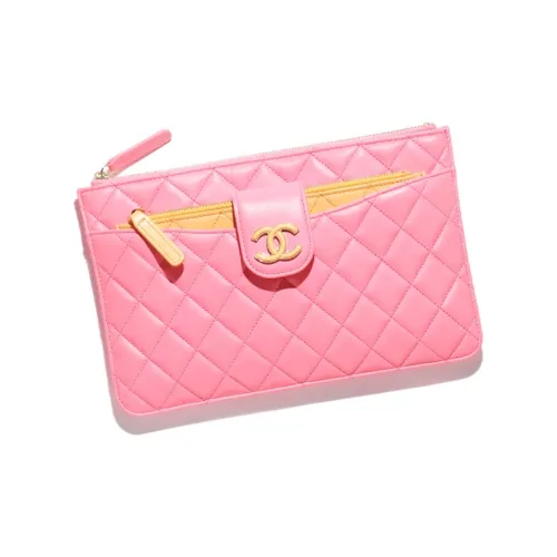 CHANEL Sheepskin Clutch Women's Coral Pink With Orange Accents