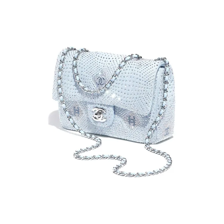 CHANEL Denim Fabric With Rhinestone Shoulder Bag, Crossbody Bag Women's Blue & Silver-1