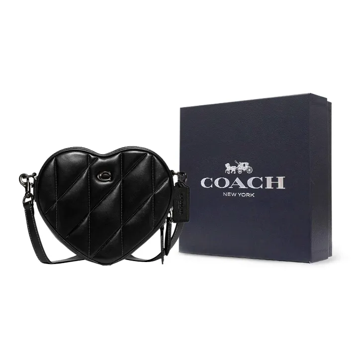 COACH Heart Sheepskin With Cow Leather Heart Shaped Bag, Shoulder Bag, Crossbody Bag Trumpets Women's Black-6