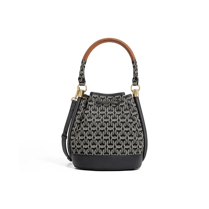 COWEC YCAKI Fabric With Cow Leather Bucket Bag, Shoulder Bag, Crossbody Bag, Handbag Medium Size Women's Black Jacquard-3