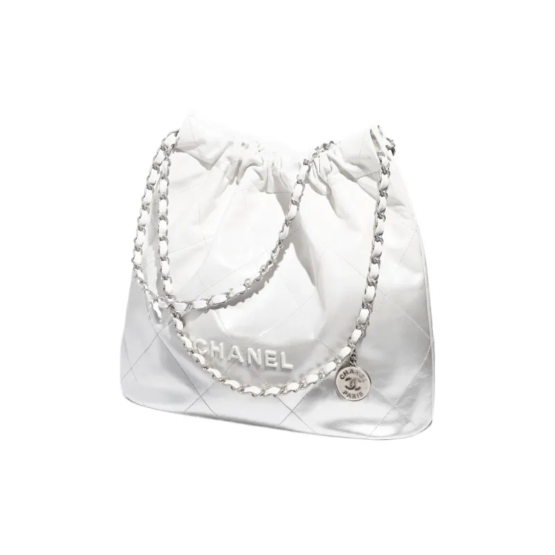 CHANEL 22Bag Gradient Metal Texture Calfskin Bucket Bag, Handbag, Shoulder Bag Regular Women's White & Silver-1