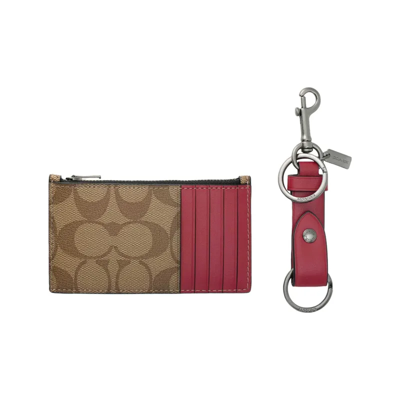 COACH Boxed Canvas With Leather Card Wallet With Keychain Box Women's Dark Brown & Red-1