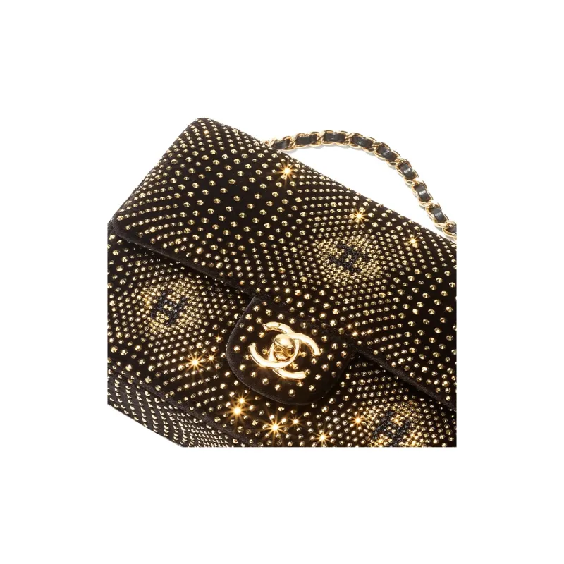 CHANEL Velour Rhinestone Evening Bag, Shoulder Bag, Crossbody Bag Women's Black & Gold-3