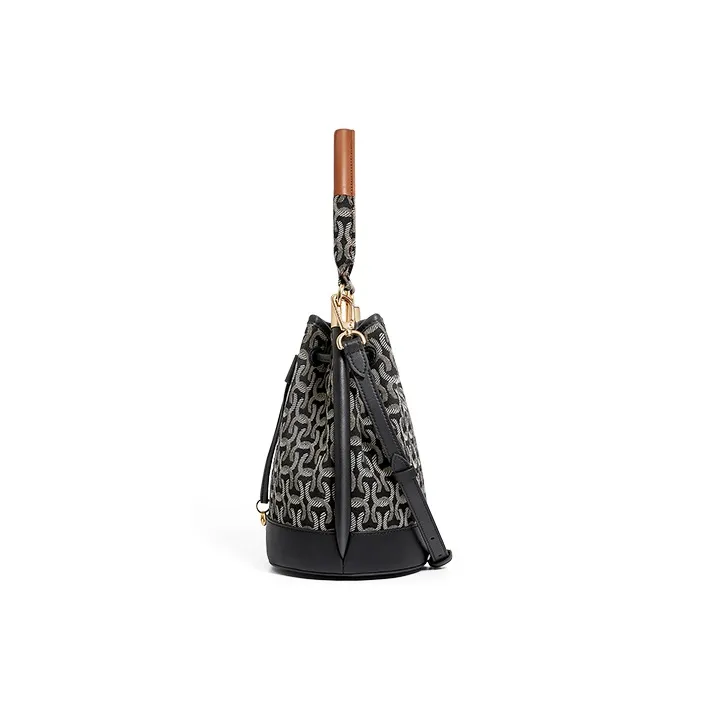 COWEC YCAKI Fabric With Cow Leather Bucket Bag, Shoulder Bag, Crossbody Bag, Handbag Medium Size Women's Black Jacquard-4