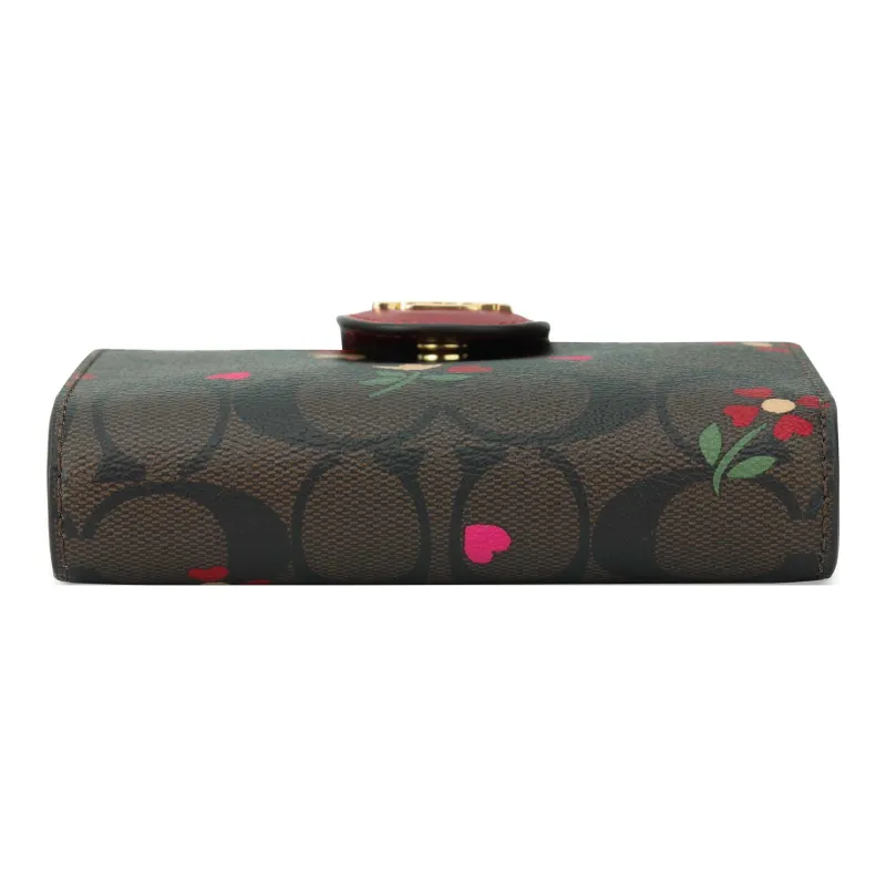 COACH Corner Zip Monogram Canvas With Leather Snap Closure Wallet Women's Burgundy Multicolor-3