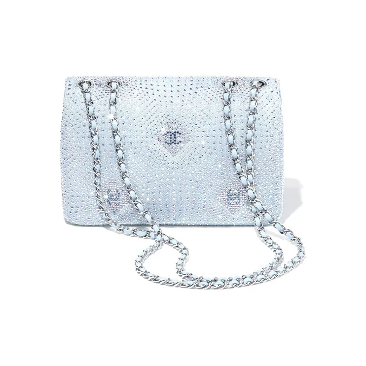 CHANEL Denim Fabric With Rhinestone Shoulder Bag, Crossbody Bag Women's Blue & Silver-2