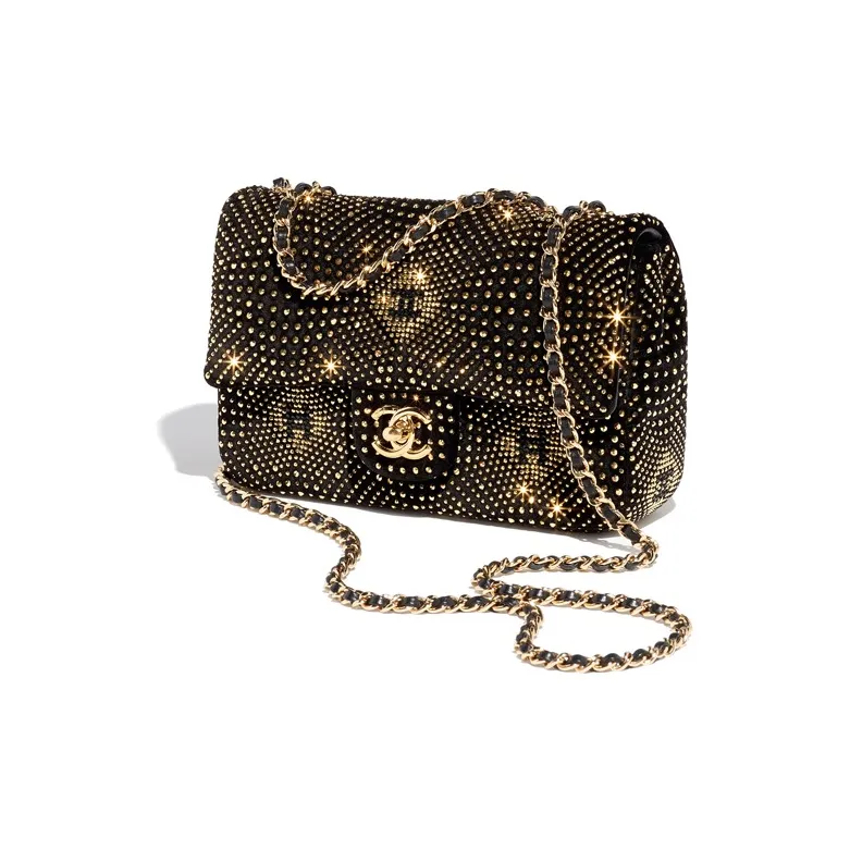 CHANEL Velour Rhinestone Evening Bag, Shoulder Bag, Crossbody Bag Women's Black & Gold-1