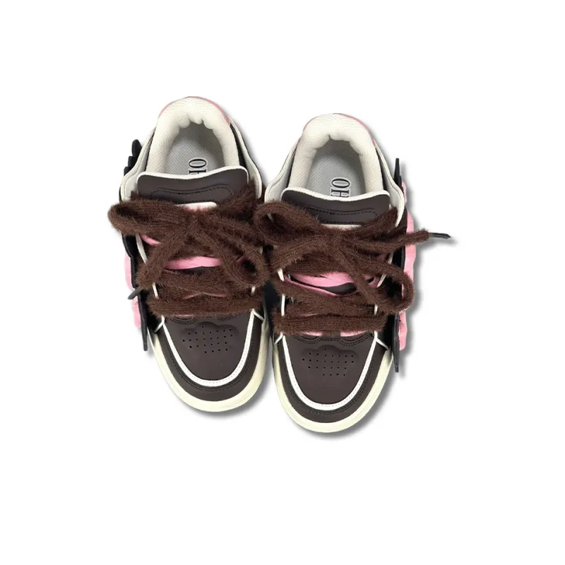 OHJC Puffy Shoes Anti Slip Wear Resistant Low Top Skateboard Shoes Women's Pink Brown-4