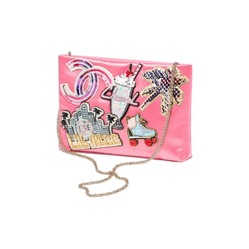 CHANEL Embroidered Silk Satin Sequins Evening Clutch Bag Women's Pink & Multicolor-1