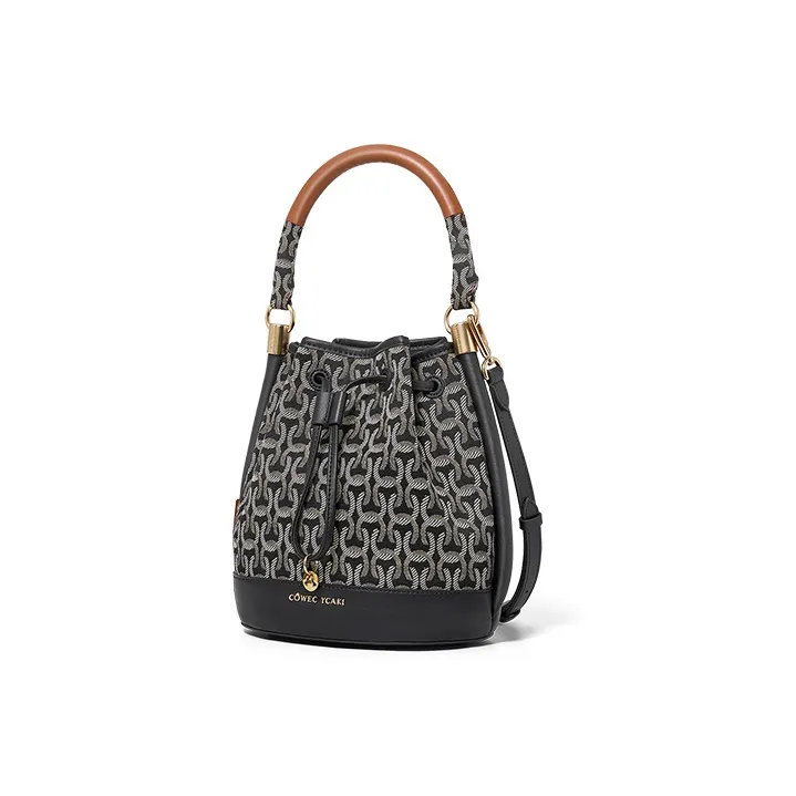 COWEC YCAKI Fabric With Cow Leather Bucket Bag, Shoulder Bag, Crossbody Bag, Handbag Medium Size Women's Black Jacquard-2