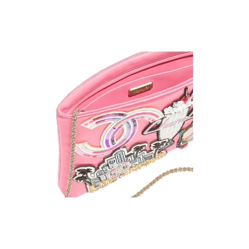 CHANEL Embroidered Silk Satin Sequins Evening Clutch Bag Women's Pink & Multicolor-2