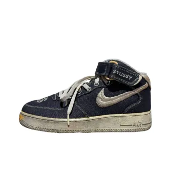 Stussy x Nike Air Force 1 Anti Slip Wear Resistant Mid Top Skateboard Shoes Men's Dark Blue