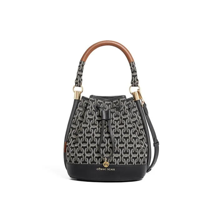 COWEC YCAKI Fabric With Cow Leather Bucket Bag, Shoulder Bag, Crossbody Bag, Handbag Medium Size Women's Black Jacquard-1