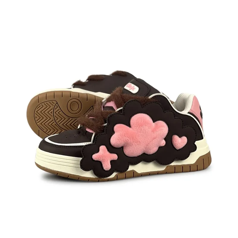 OHJC Puffy Shoes Anti Slip Wear Resistant Low Top Skateboard Shoes Women's Pink Brown-3