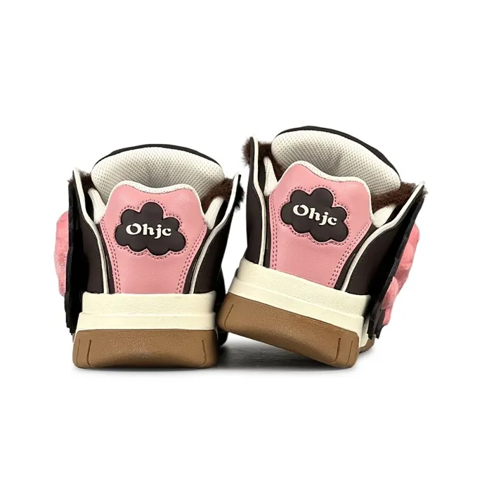 OHJC Puffy Shoes Anti Slip Wear Resistant Low Top Skateboard Shoes Women's Pink Brown-5