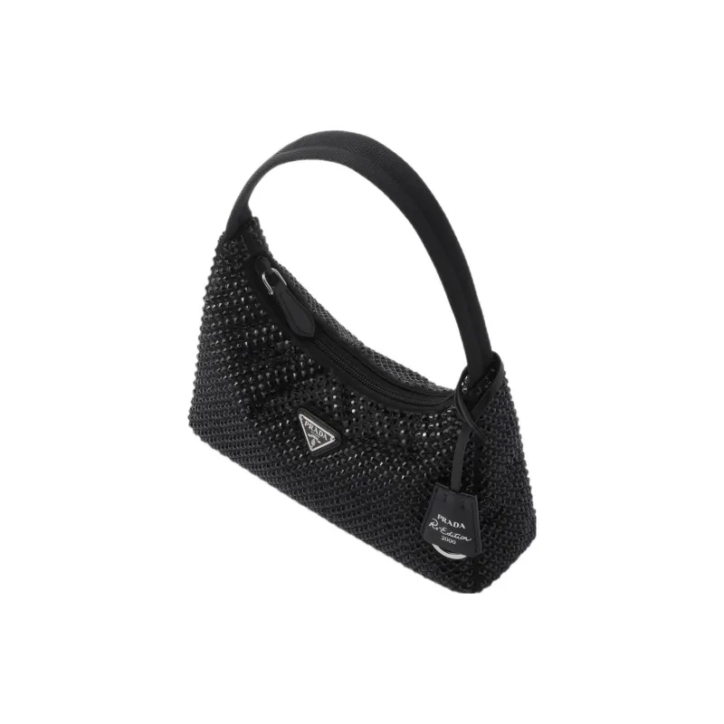 PRADA Satin Fabric Hobo Bag Handbag Shoulder Bag Mini Women's Black-1