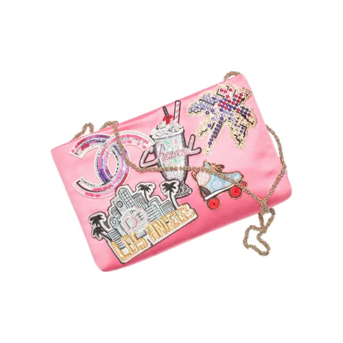 CHANEL Embroidered Silk Satin Sequins Evening Party Clutch Women's Pink/Multicolor