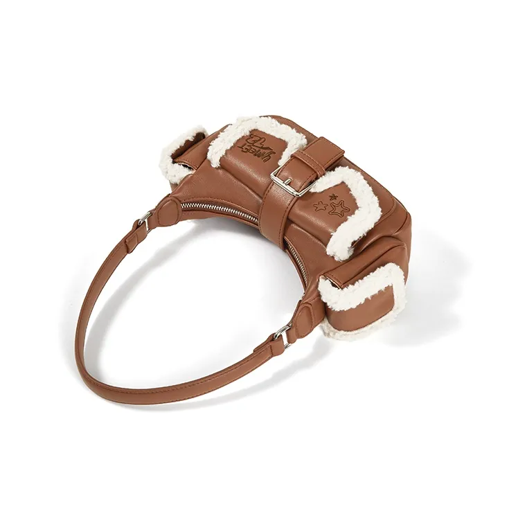Sound For Life Wool Blended With Synthetic Leather Shoulder Bag Small Size Women's Brown/White-2