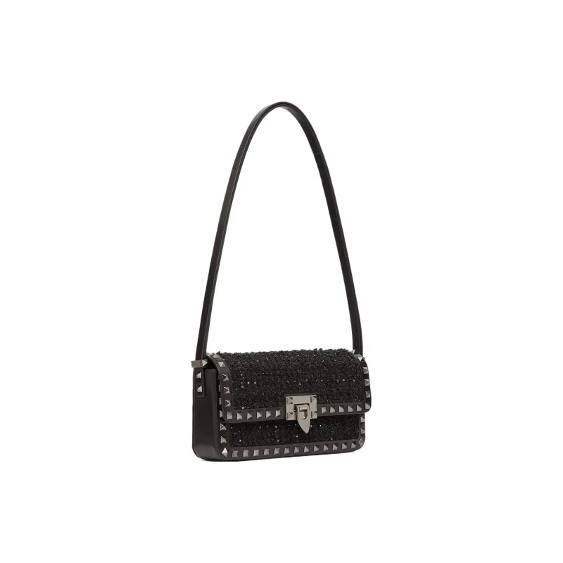 Valentino Rockstud Tweed Handbag Shoulder Bag Women's Black-1