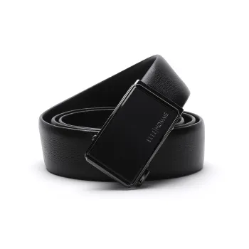 ELLE HOMME Automatic Buckle Belt, Matte Alloy Buckle Top Grain Cow Leather Belts Men's Black Width 3.7cm