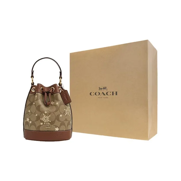 COACH Dempsey Coated Canvas With Shell Pattern Leather Bucket Bag Handbag Shoulder Bag Crossbody Bag Mini Women's Khaki-6
