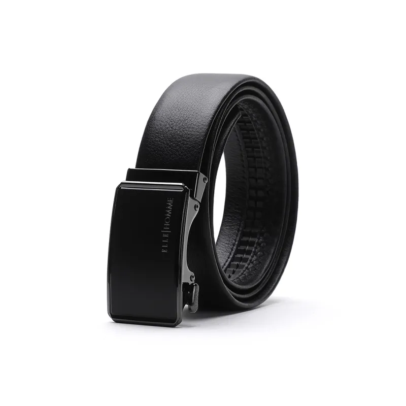 ELLE HOMME Automatic Buckle Belt, Matte Alloy Buckle Top Grain Cow Leather Belts Men's Black Width 3.7cm-1