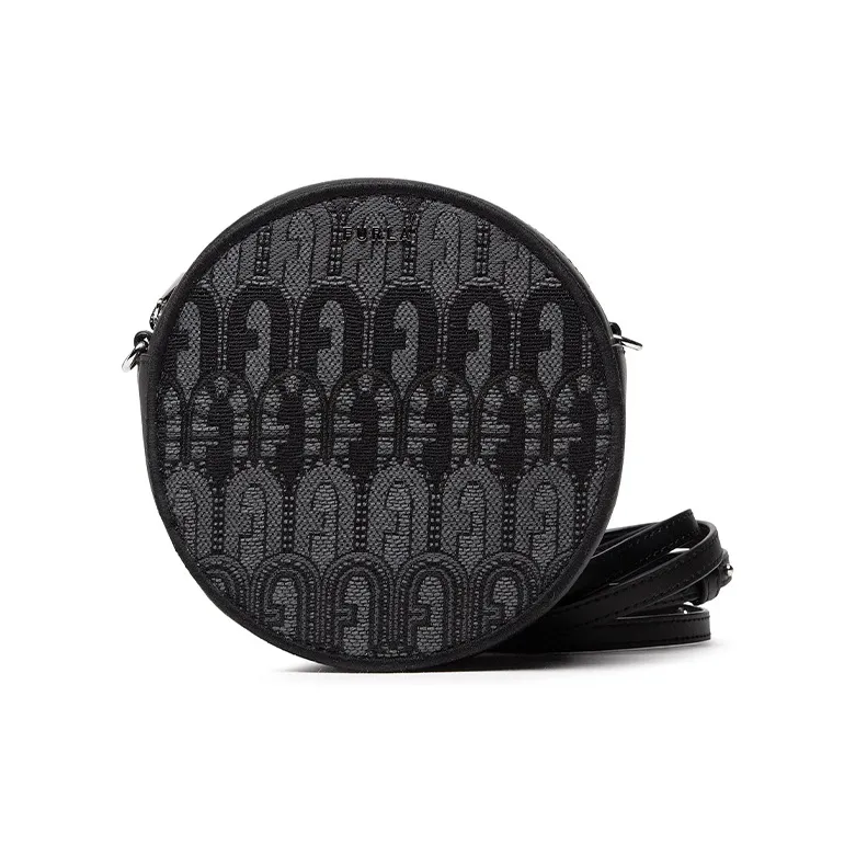 Furla Jacquard Fabric With Genuine Leather Accents Small Round Bag Shoulder Bag Crossbody Bag Small Size Women's Black-1