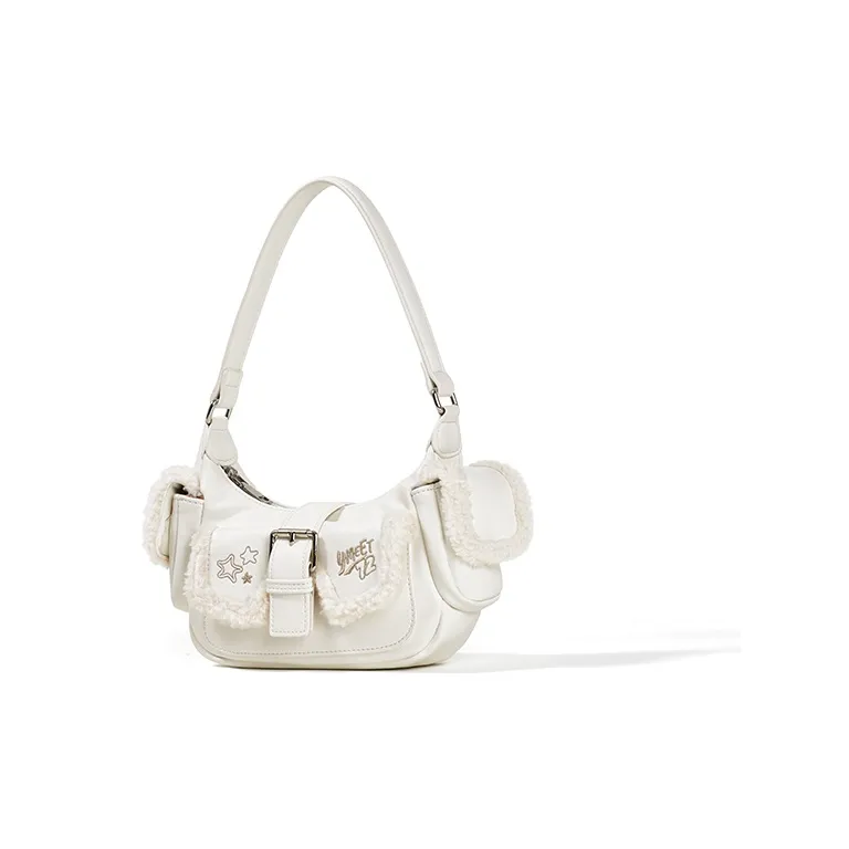 Sound For Life Wool Blended With Synthetic Leather Shoulder Bag Small Size Women's Brown/White-9