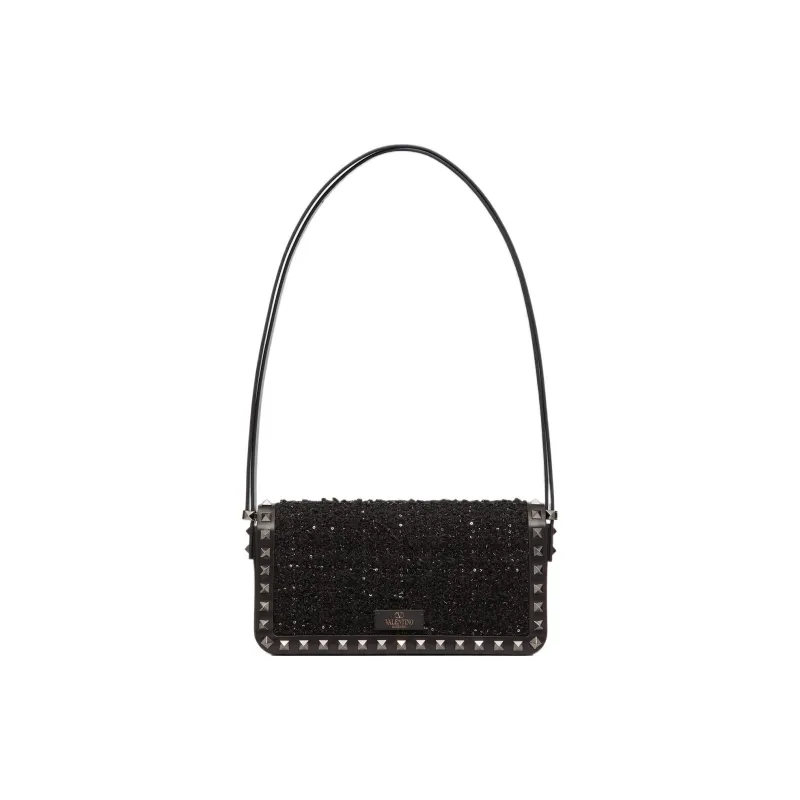 Valentino Rockstud Tweed Handbag Shoulder Bag Women's Black-4