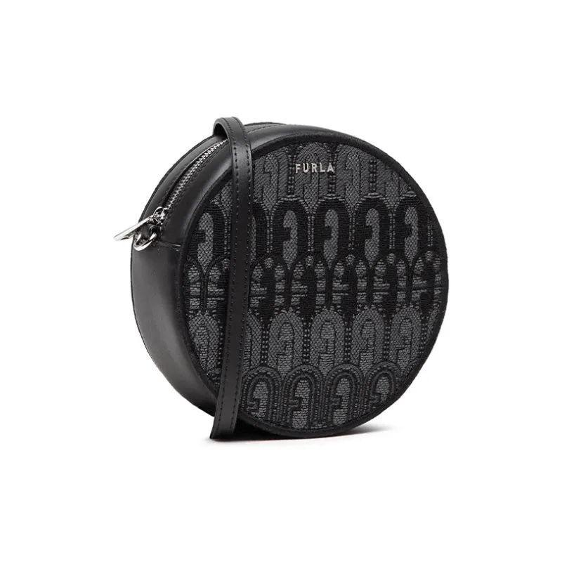 Furla Jacquard Fabric With Genuine Leather Accents Small Round Bag Shoulder Bag Crossbody Bag Small Size Women's Black-3