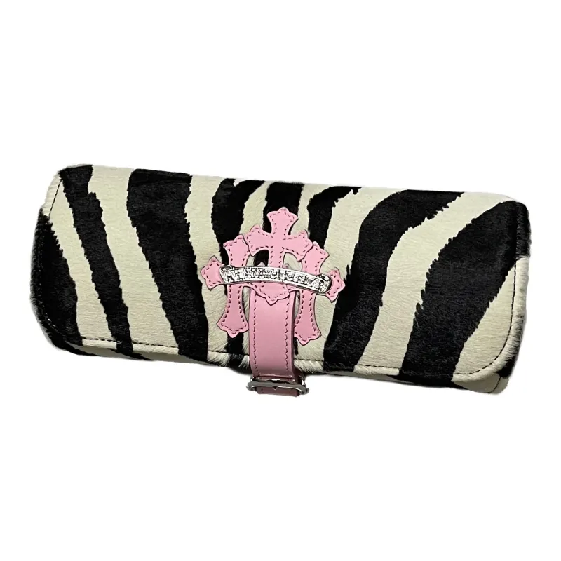 Chrome Hearts Calf Hair Patchwork Leather Watch Box Jewelry Box Storage Bag Unisex Black/White With Pink Accents-0