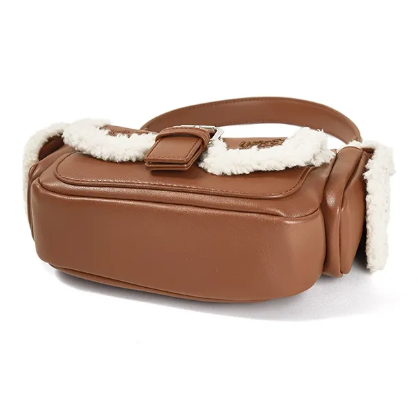 Sound For Life Wool Blended With Synthetic Leather Shoulder Bag Small Size Women's Brown/White-3