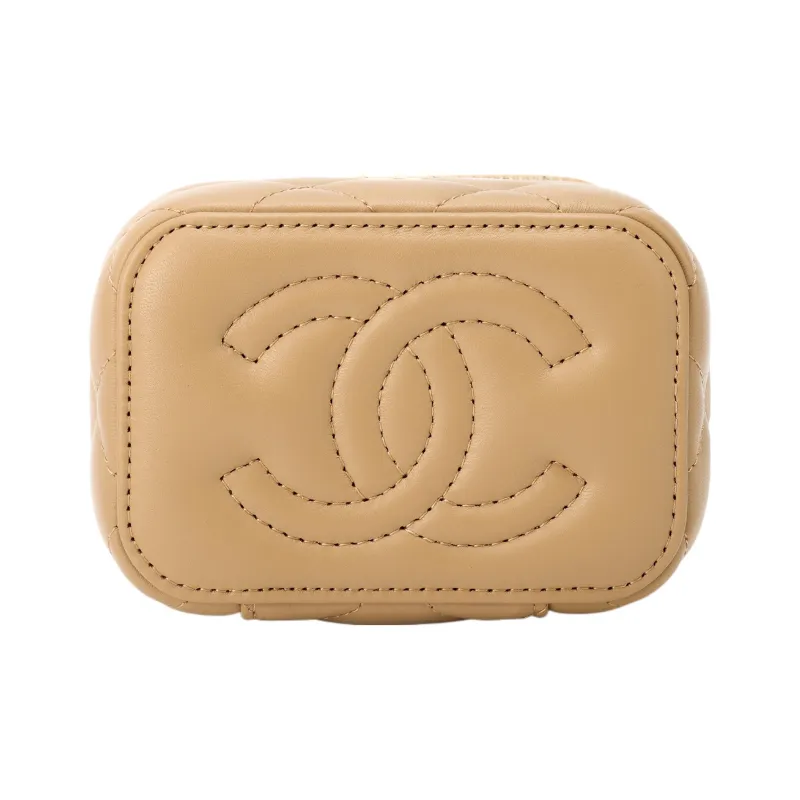 CHANEL Lambskin Chain Box Bag, One Shoulder Makeup Bag, Crossbody Bag Trumpets Women's Camel-3