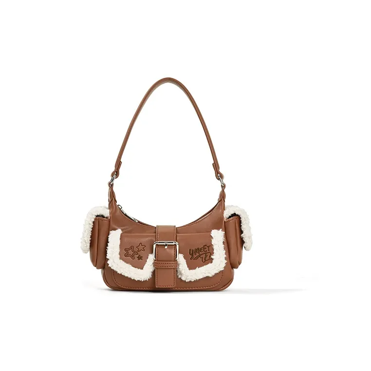 Sound For Life Wool Blended With Synthetic Leather Shoulder Bag Small Size Women's Brown/White-1