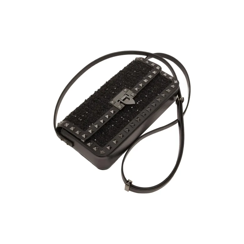 Valentino Rockstud Tweed Handbag Shoulder Bag Women's Black-2