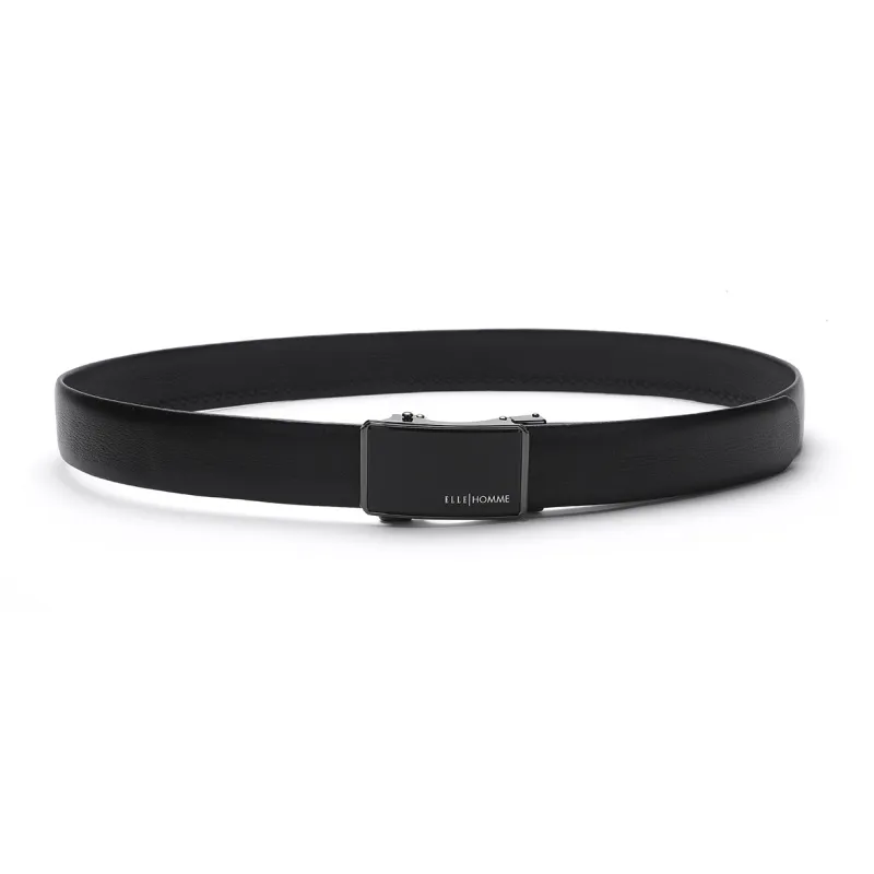 ELLE HOMME Automatic Buckle Belt, Matte Alloy Buckle Top Grain Cow Leather Belts Men's Black Width 3.7cm-3