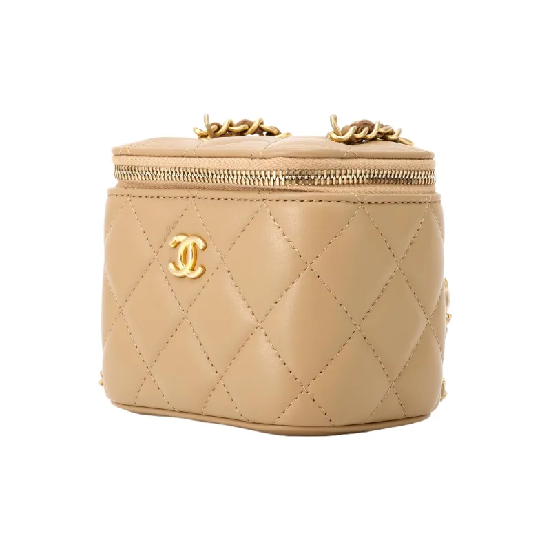 CHANEL Lambskin Chain Box Bag, One Shoulder Makeup Bag, Crossbody Bag Trumpets Women's Camel-1