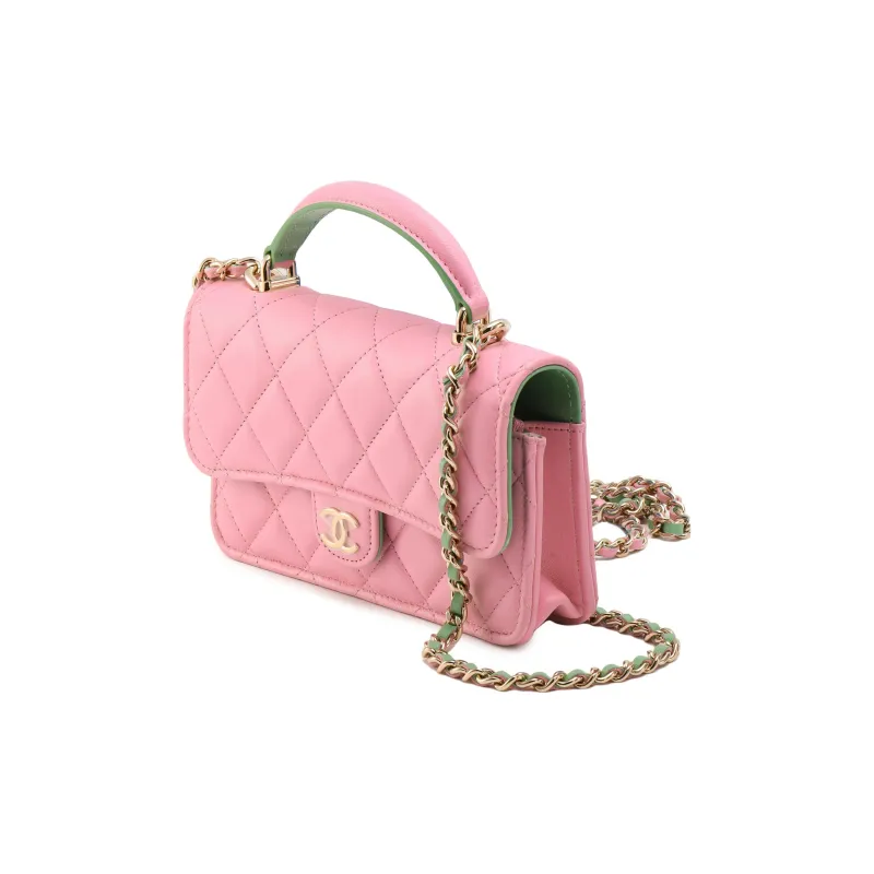 CHANEL WOC Sheepskin Handbag, Shoulder Bag, Crossbody Bag Mini Women's Pink Green-1