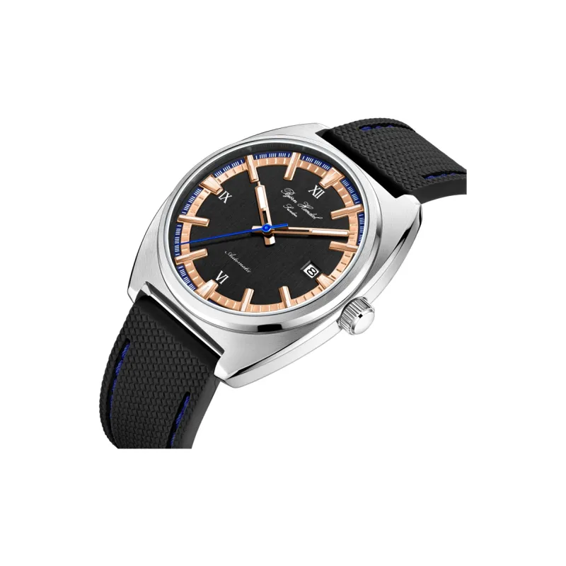 BJORN HENDAL Pino Collection Wrist Watch Automatic Mechanical Movement Rubber Band Strap Black Dial Unisex A02SA1R1-1