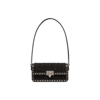 Valentino Rockstud Tweed Handbag Shoulder Bag Women's Black