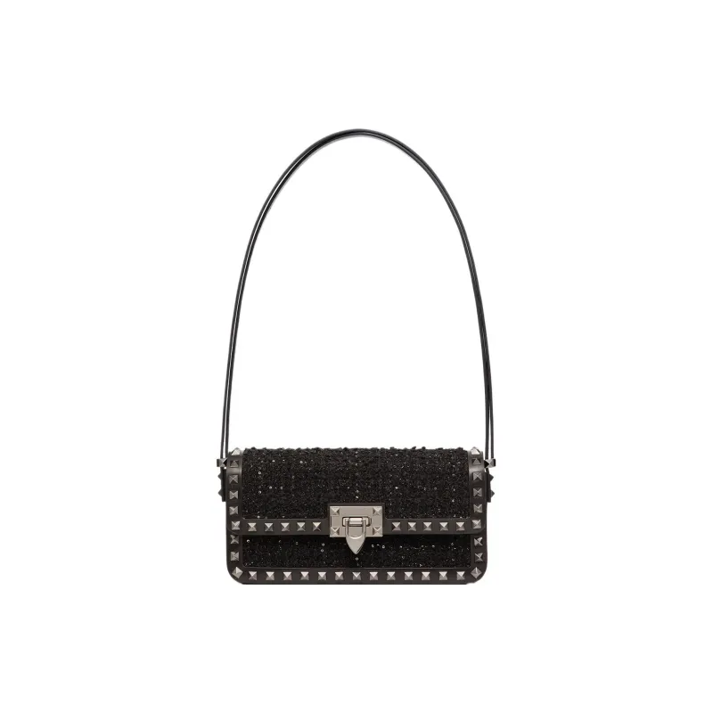 Valentino Rockstud Tweed Handbag Shoulder Bag Women's Black-0