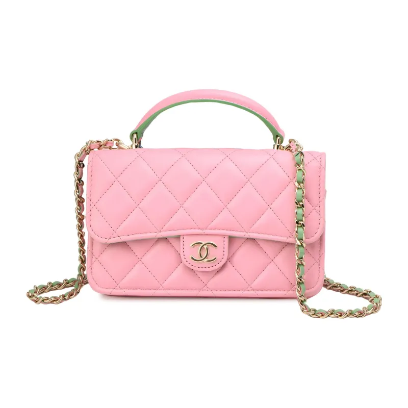 CHANEL WOC Sheepskin Handbag, Shoulder Bag, Crossbody Bag Mini Women's Pink Green-0