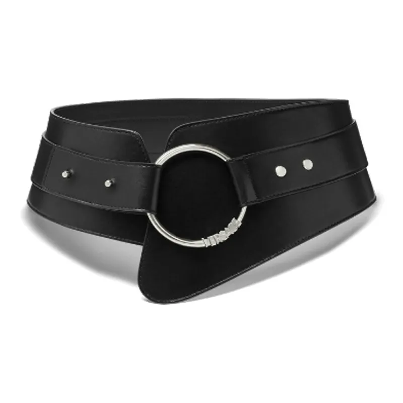 VERSACE High Rise Asymmetrical Leather Belts Women's Black Width 8.5 14.5cm-0