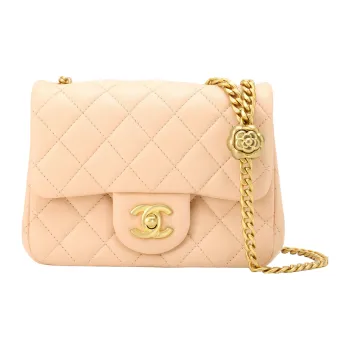 CHANEL Flap Bag With Camellia Chain 17cm Beige