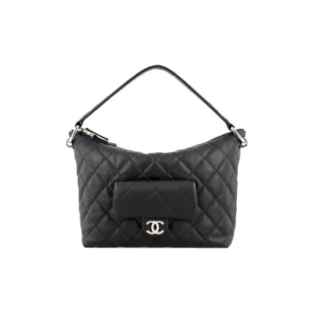 CHANEL Calfskin Hobo Hippie Hobo Bag, One Shoulder Handbag Medium Size Women's Black