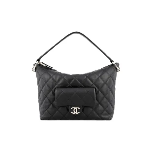 CHANEL Calfskin Hobo Hippie Hobo Bag, One Shoulder Handbag Medium Size Women's Black