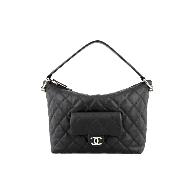 CHANEL Calfskin Hobo Hippie Hobo Bag, One Shoulder Handbag Medium Size Women's Black-0
