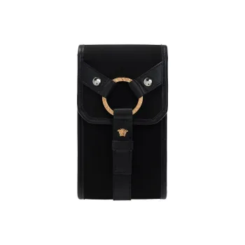 VERSACE Cow Leather Crossbody Bag With Cell Phone Pouch Unisex Black