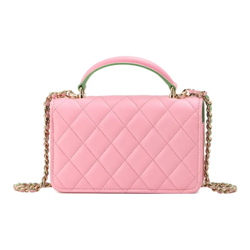 CHANEL WOC Sheepskin Handbag, Shoulder Bag, Crossbody Bag Mini Women's Pink Green-2